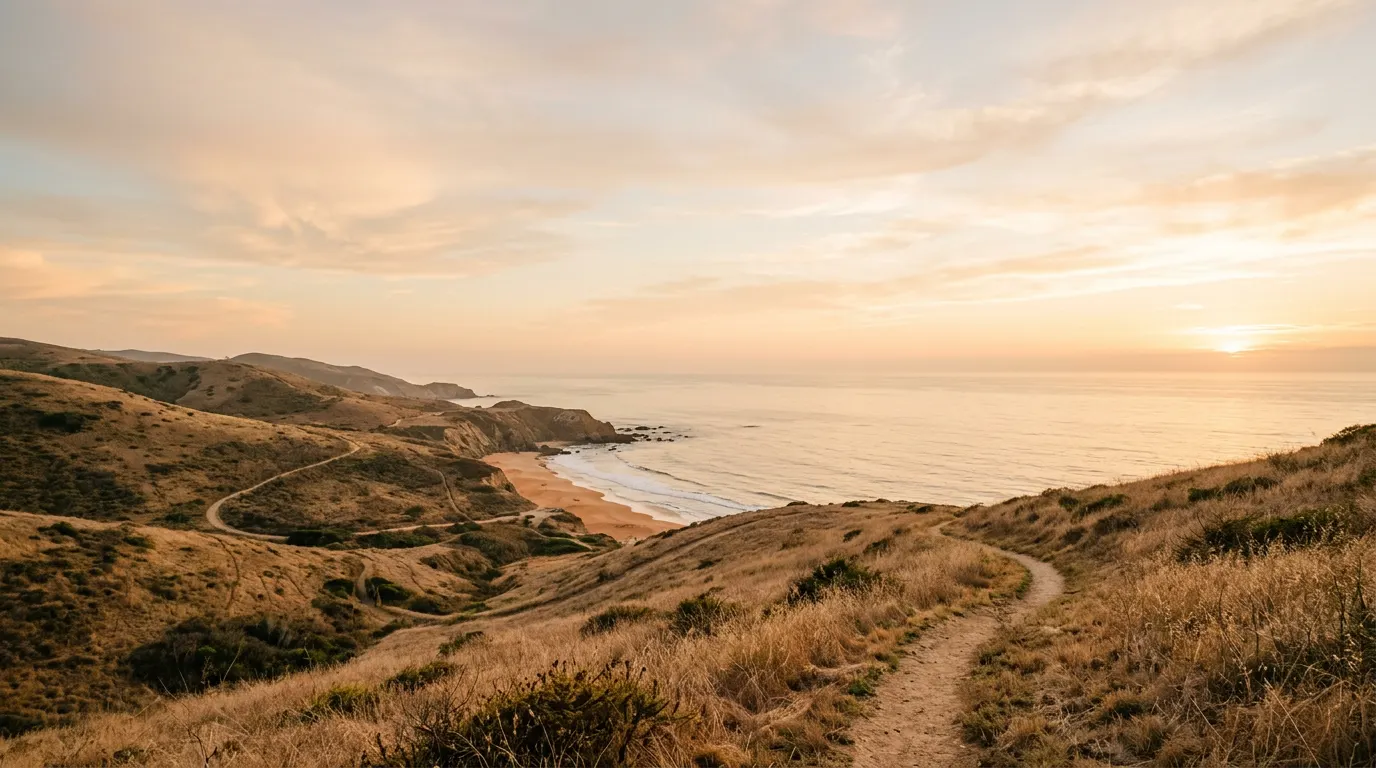 A dirt trail winding through golden coastal hills toward the ocean at sunset
